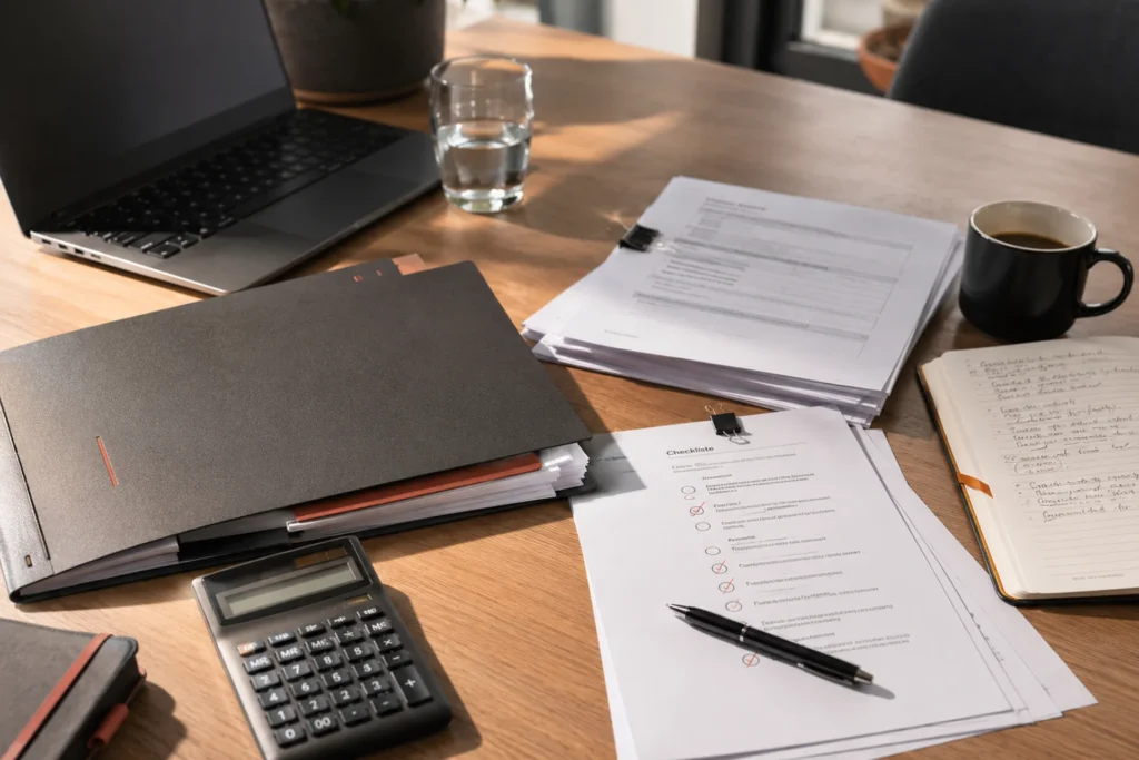 Geordneter Arbeitsplatz mit Checkliste, Laptop und Unterlagen