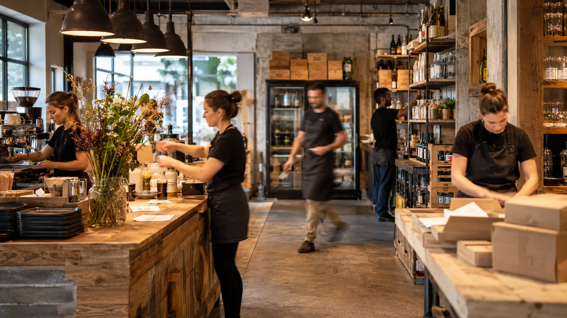 Mitarbeitende bei der Arbeit in einem belebten gastronomischen Betrieb