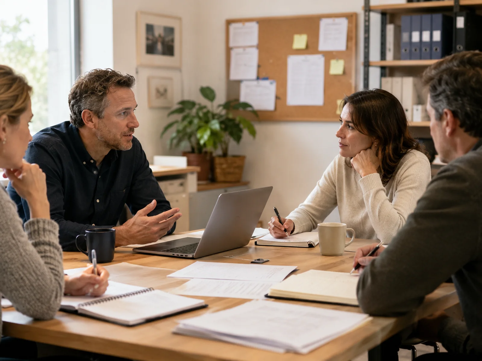 Kleine Arbeitsgruppe bei einer Besprechung mit Laptop und Unterlagen in einem hellen Büro