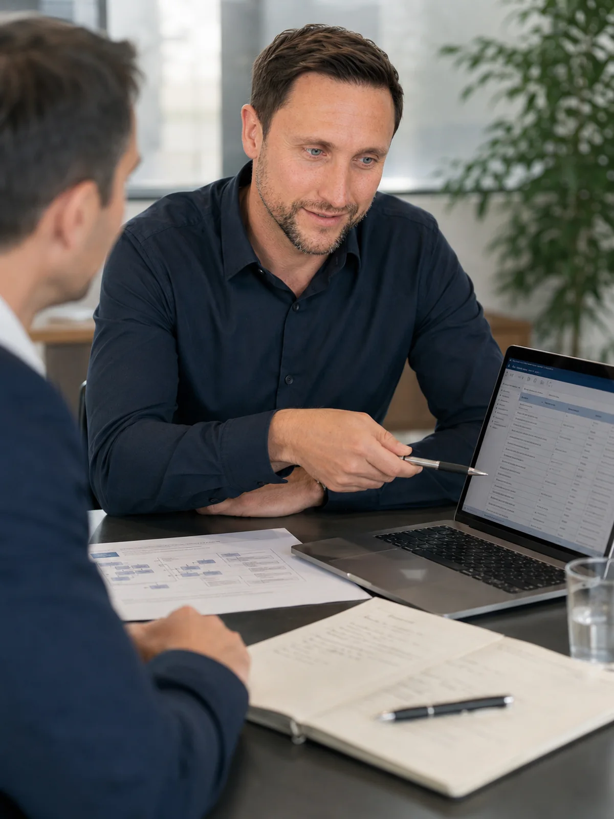 Beratungsgespräch mit Laptop und Unterlagen zur strukturierten digitalen Analyse