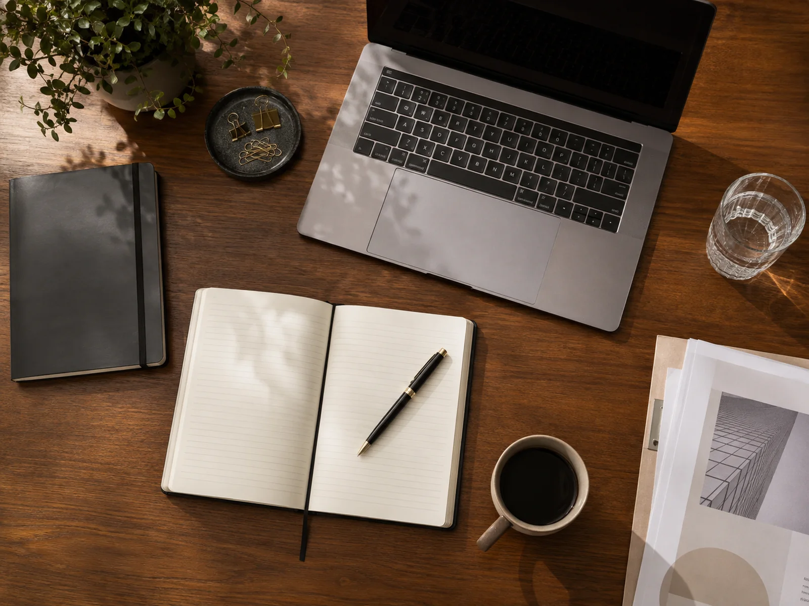 Aufgeräumter Arbeitsplatz mit Laptop, Notizbuch und Stift im warmen Tageslicht