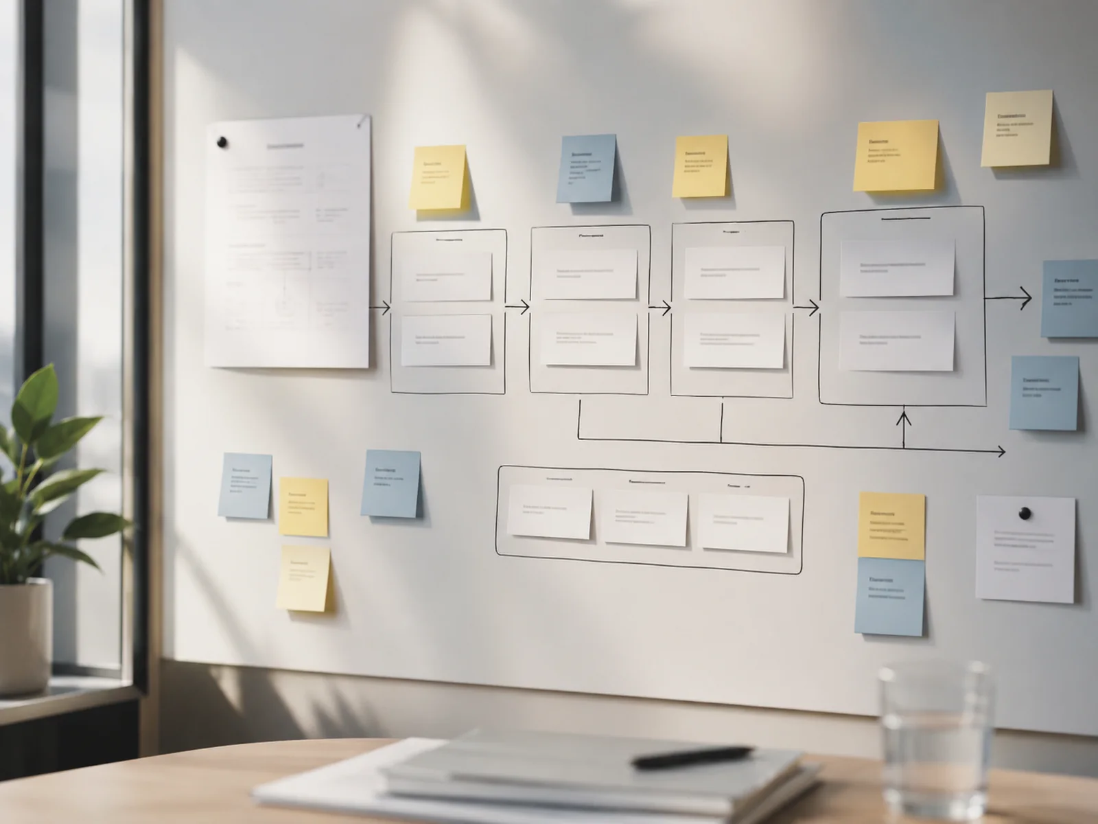 Workflow-Board mit Haftnotizen und Prozessschritten in einem Büro